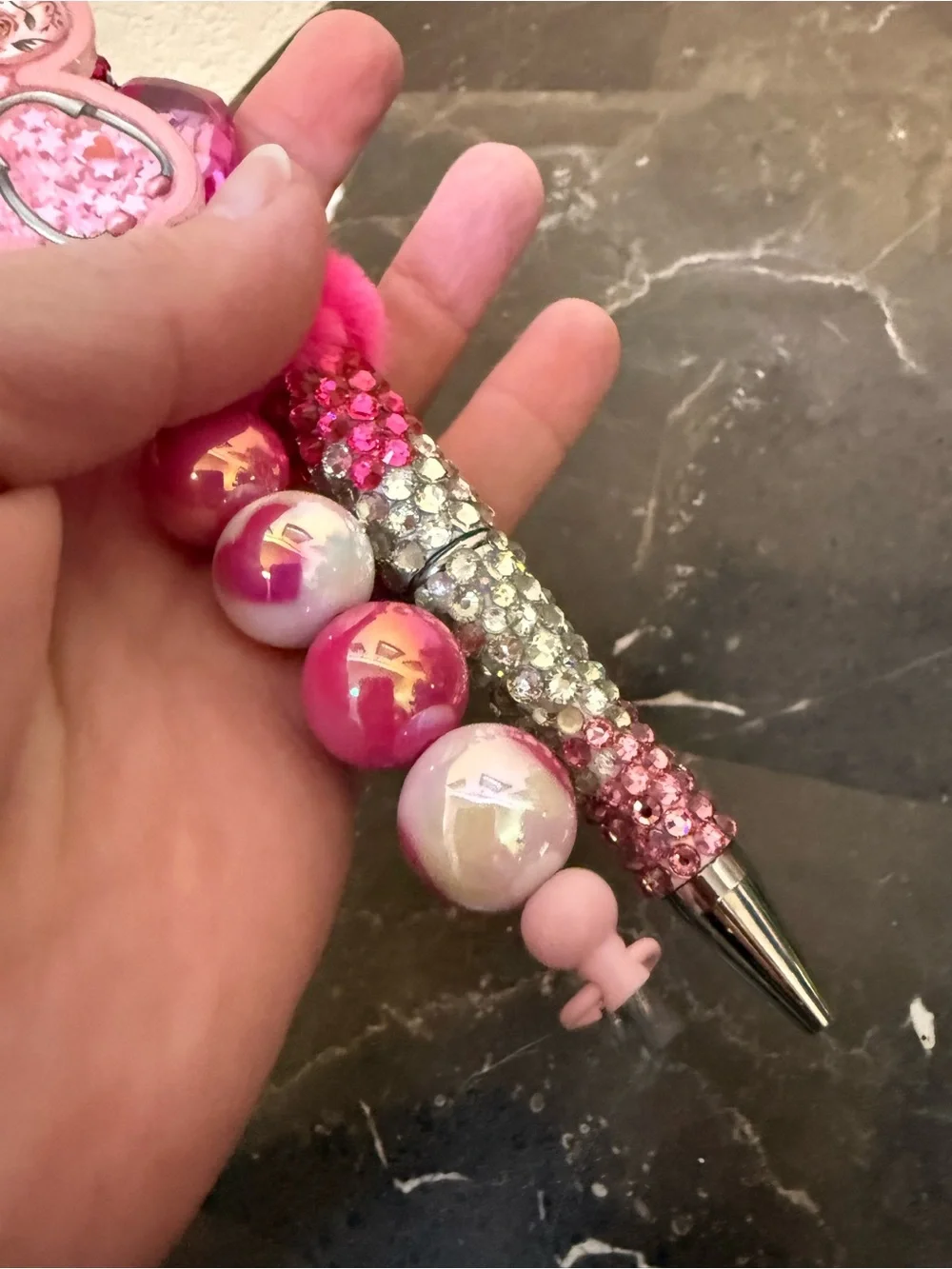 Pink Fur Stethoscope Rhinestone Beaded Pen and Matching Badge Reel Set Handmade